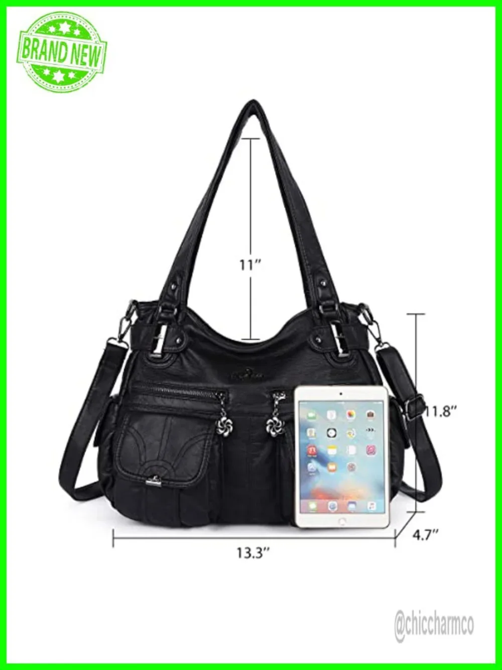 Washed Leather Satchel Handbag Double Zipper Multi Pocket Shoulder Purse
